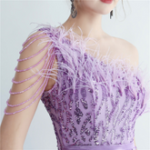 One Shoulder Feather Beads Chain Sequin Black Prom Dress